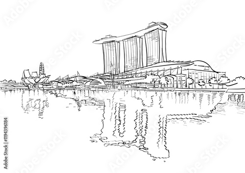 Photography Singapore, Marina bay skyline hand sketch drawing