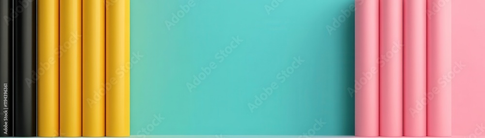 Fototapeta premium A vibrant arrangement of colored paper rolls against a blue background, showcasing a blend of black, yellow, pink, and turquoise hues.
