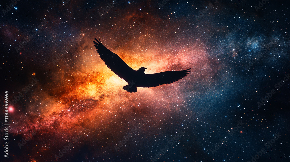 Fototapeta premium Majestic bird soaring through a colorful cosmic backdrop under a starry sky