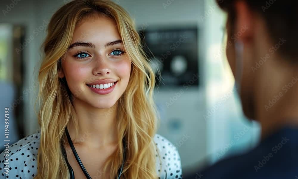 Beautiful Young Female Doctor with Blonde Hair and Blue Eyes Smiling at a Male Colleague in a Hospital Setting Beautiful Young Female Doctor with Blonde Hair and Blue Eyes Smiling at a Male Colleague in a Hospital Setting