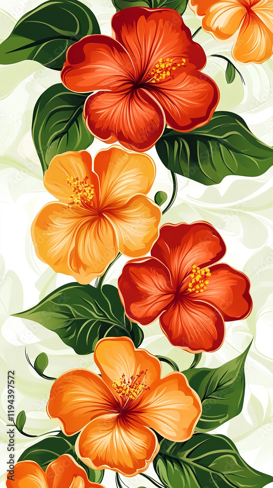 The image depicts a vibrant arrangement of hibiscus flowers in shades of orange and red, accompanied by lush green leaves on a light, swirling background