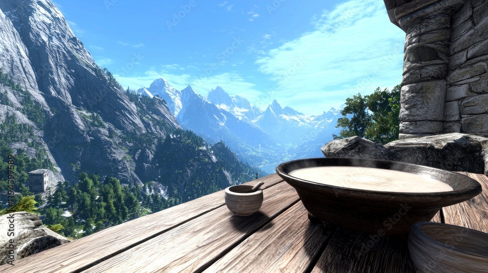 A serene mountain view with a steaming bowl of food. A serene mountain view with a steaming bowl of food.