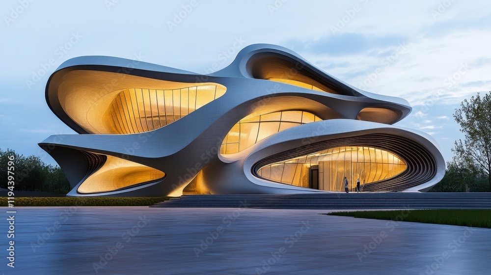 Fototapeta premium Modern Architectural Marvel with Unique Curves and Illuminated Design