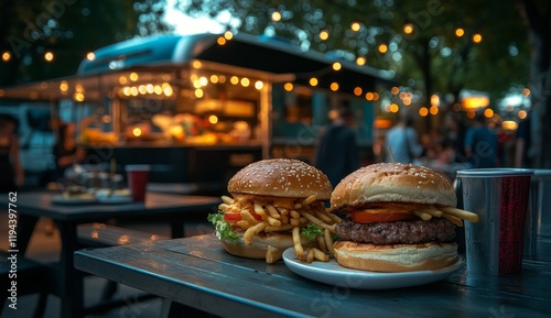Fototapeta Naklejka Na Ścianę i Meble -  Two juicy burgers with fries on a table at a food truck event.