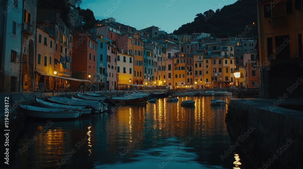 Fototapeta premium Evening view of Porto Venere harbor, colorful houses reflected in the calm water, boats gently swaying under lantern light.
