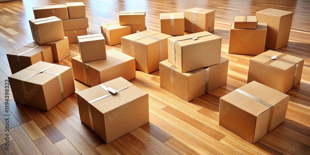 Many cardboard boxes on a hardwood floor, ready for moving or shipping Many cardboard boxes on a hardwood floor, ready for moving or shipping