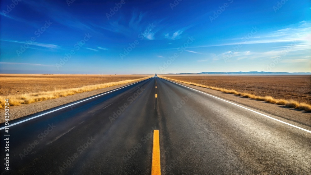 Endless Asphalt Highway Across Expansive Dry Landscape Under a Vivid Blue Sky Endless Asphalt Highway Across Expansive Dry Landscape Under a Vivid Blue Sky