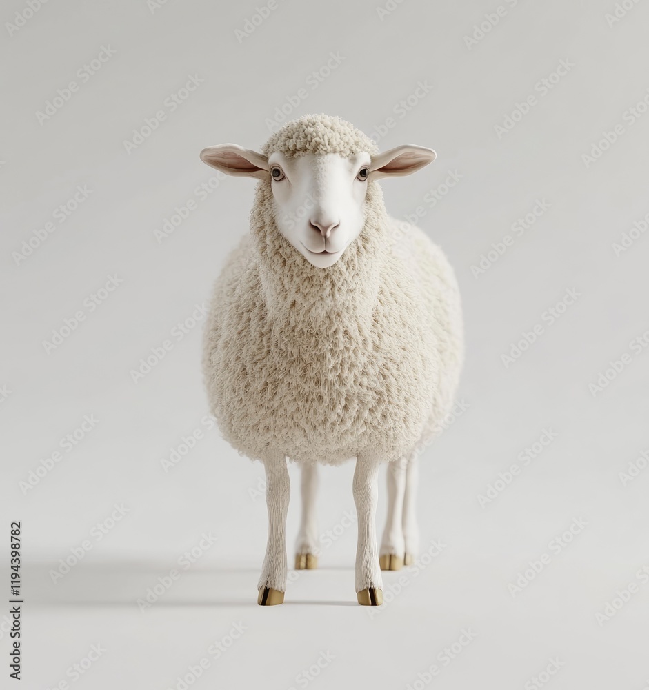 Fototapeta premium A sheep standing on the ground, front view, white background, real photo style, full body shot, 3D rendering, high definition resolution, natural lighting,