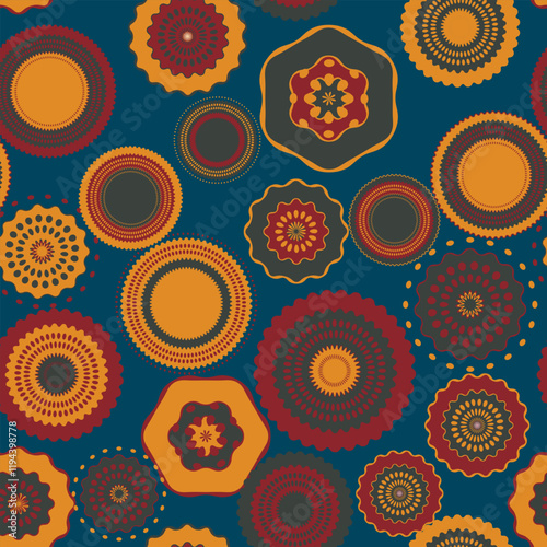 Seamless pattern with geometric aboriginal ornament. Ethnic tribal rounded color background. Afican, australian motiph. Dots painting. Vector illustration, template design for cloth, card, fabric. photo