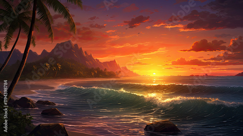 Vibrant Tropical Sunset over Ocean with Palm Trees and Waves