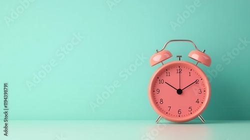 A vintage pink alarm clock sits on a minimalist turquoise background, symbolizing time management and nostalgia.