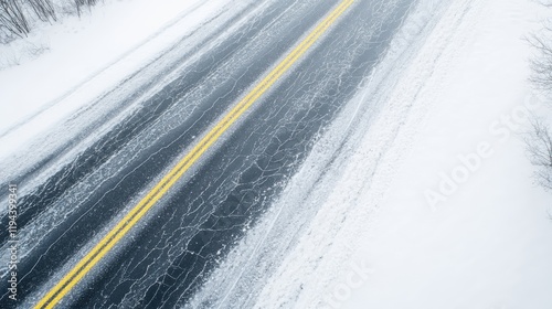 Black ice warning. Snow-covered road with tire tracks and yellow lines in winter scenery.