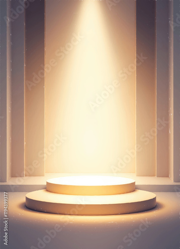 clean and minimalist presentation stage with a central glowing spotlights on the pedestal and geometric shapes on background