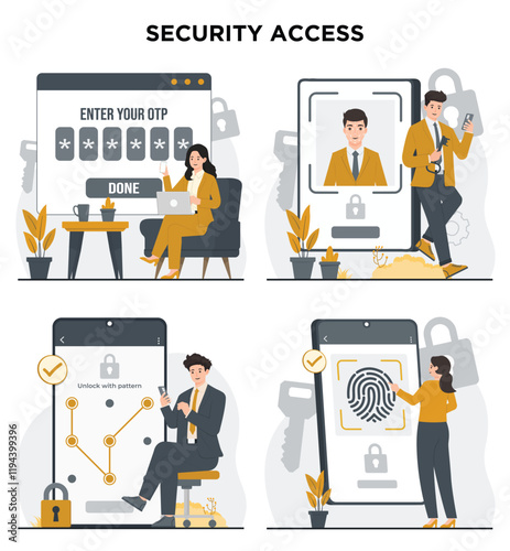 security access methods, including pattern unlock, fingerprint, face ID, and OTP login for enhanced security and convenience