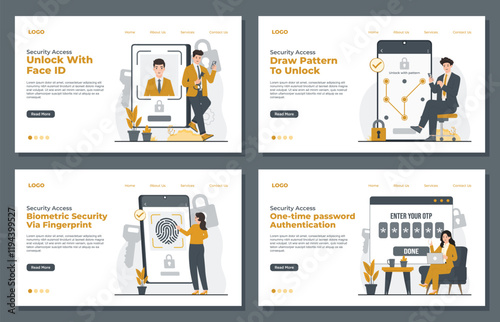 Landing page template highlighting security access methods, including pattern unlock, fingerprint, face ID, and OTP login for enhanced security and convenience
