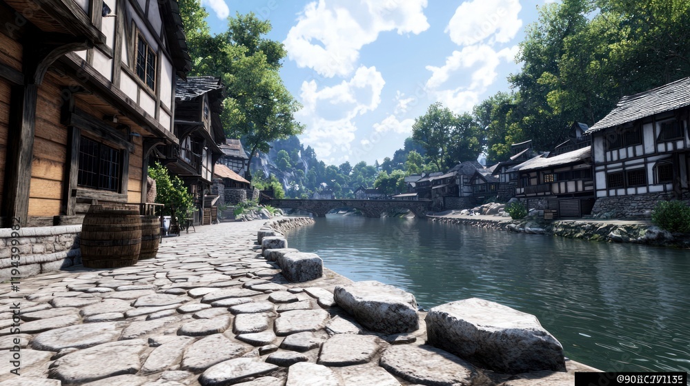 Scenic riverside village with charming architecture and lush greenery.