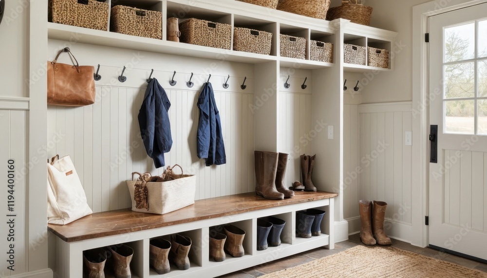 Farmhouse-style mudroom with boot storage and natural lighting Farmhouse-style mudroom with boot storage and natural lighting