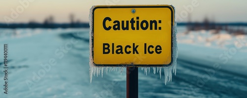 Black ice warning. Caution sign warning of black ice on a snowy road.