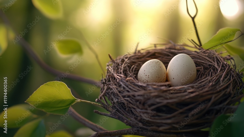 bird's nest with two eggs, surrounded by twigs and leaves, in a natural settin bird's nest with two eggs, surrounded by twigs and leaves, in a natural settin