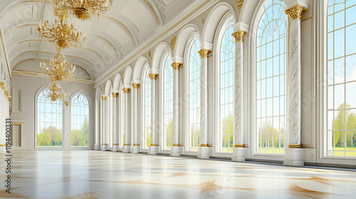 Opulent Palace Interior Elegant 2D Illustration of Castle Hall with Classic Ballroom, Arch Windows, Marble Columns, and Golden Chandeliers photo