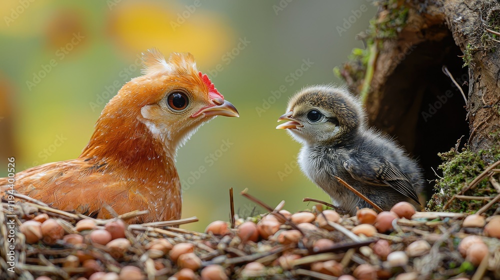 Obraz premium A heartwarming encounter: A young hen and a baby bird share a nest, showcasing nature's gentle side. A moment of peaceful coexistence.