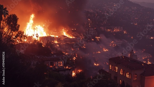 A massive fire spreads across the hillside in Los Angeles, California, threatening homes and structures as thick smoke and flames rise into the orange sky. Emergency response efforts are underway.