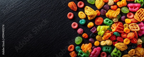 Colorful Assortment of Candy and Snack Treats on Black Background for Sweet Tooth Lovers, Toy snack grainfree photo