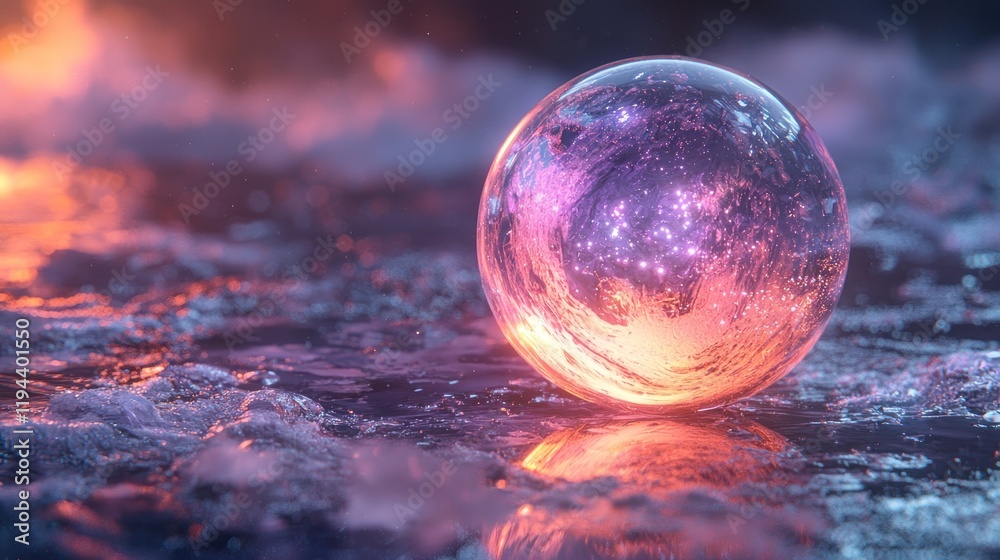 Crystal sphere reflecting vibrant colors on icy surface. Crystal sphere reflecting vibrant colors on icy surface.