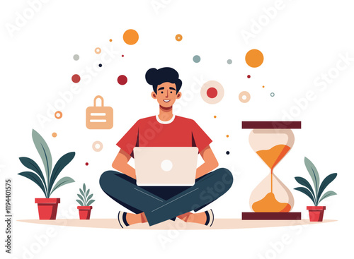Man Meditating While Working with Laptop vector illustration 