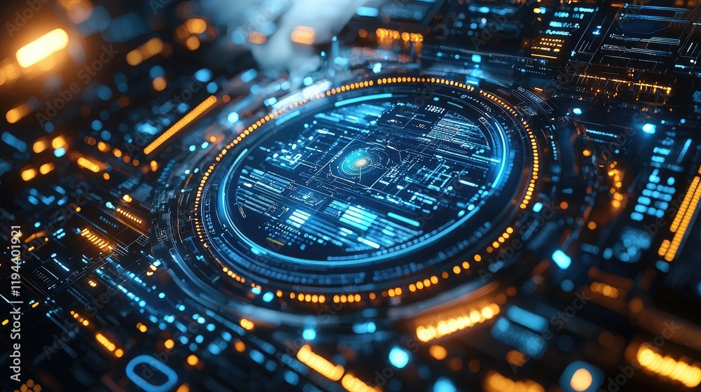 Futuristic Technology Interface: Abstract Digital Circuitry and Glowing HUD