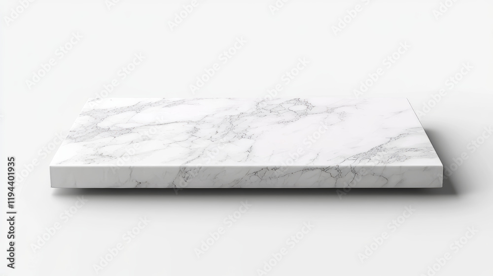 White marble table top, stone display stand. Vector realistic mockup of empty shelf, kitchen countertop isolated on transparent background. Bar desk surface in foreground