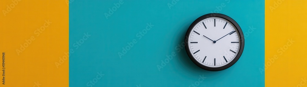 A modern wall clock against a vibrant teal and yellow backdrop, showcasing a minimalist design and clear time visibility. A modern wall clock against a vibrant teal and yellow backdrop, showcasing a minimalist design and clear time visibility.