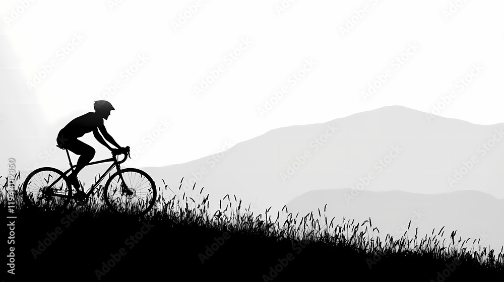Fototapeta premium Silhouetted Cyclist Riding on a Hilltop Against a Backdrop of Mountains and Grassy Landscape in a Tranquil and Serene Environment at Dusk
