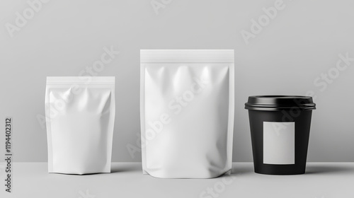 White blank plastic or foil pack realistic vector. Bag or pouch for snacks, sweets and coffee, front and side view, illustrations isolated on transparent background, mock up for packaging design