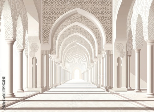 A white background with Islamic patterns and arches. A long corridor leading to the center of an Arabic mosque, with soft lighting casting shadows on its walls. 
