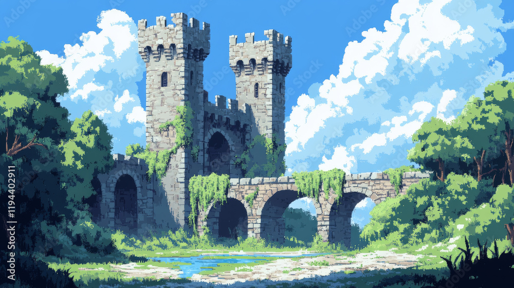 Fototapeta premium Magic castle on green field at summer day. Fantasy medieval architecture, palace or fortress with towers, bridge and climbing ivy. Fairytale palace and tree under blye sky Cartoon vector illustration