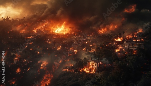 A massive fire spreads across the hillside in Los Angeles, California, threatening homes and structures as thick smoke and flames rise into the orange sky. Emergency response efforts are underway.