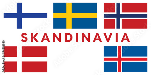 Simple flags of Scandinavia.Nordic countries. Correct size, proportion, colors