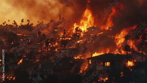 A massive fire spreads across the hillside in Los Angeles, California, threatening homes and structures as thick smoke and flames rise into the orange sky. Emergency response efforts are underway.