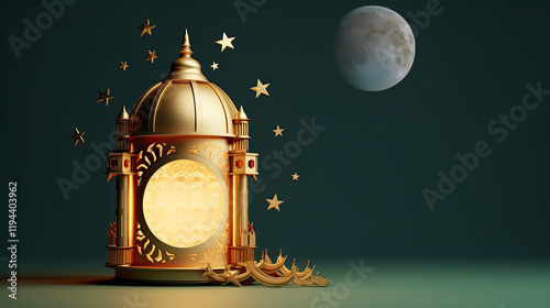 Glowing Golden Lantern Under the Night Sky with Stars and Moon