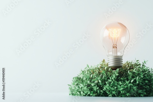 Glowing lightbulb on green bush, idea concept. photo