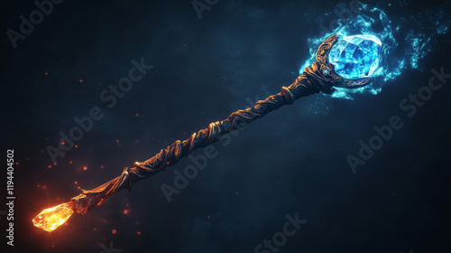 Fantasy scepter with magic glowing neon decorative gem stones and smoke. Cartoon vector illustration set of game wizard and magician fantastic weapon with powerful crystal. Sorcerer enchantment stuff.