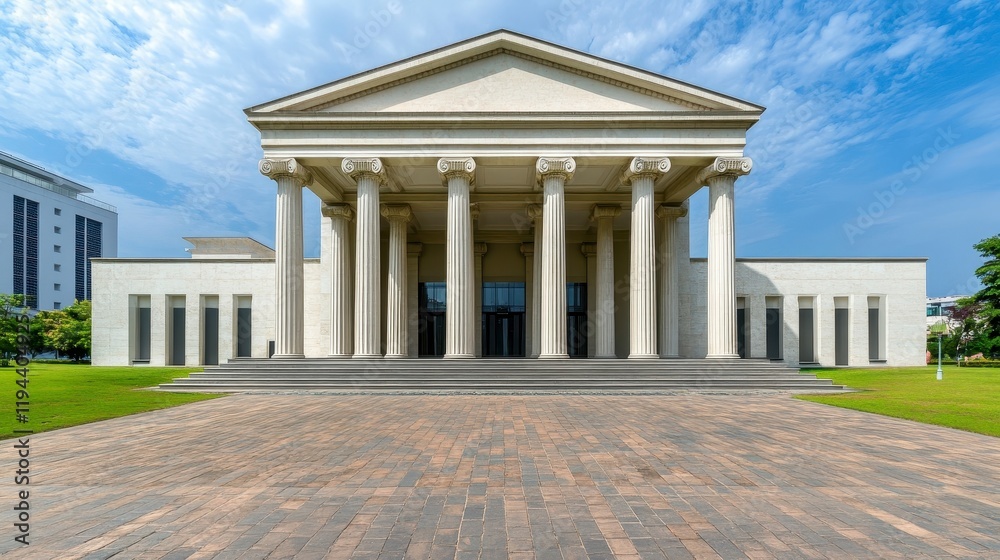 Fototapeta premium Grand historic building with columns and a landscaped entrance