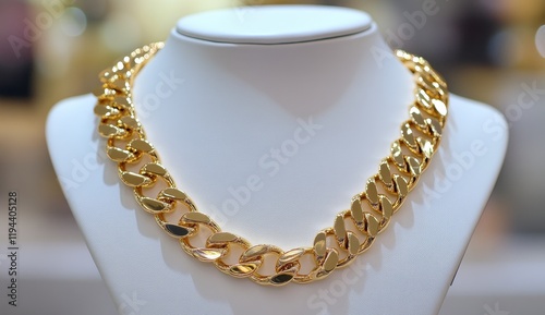 Gold chain necklace on display stand.