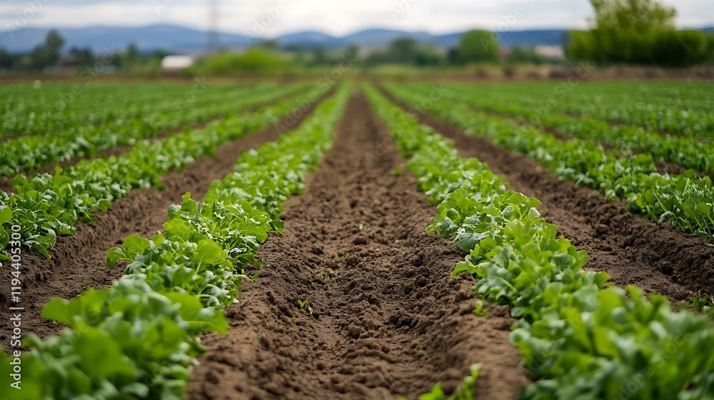Rows of Lush Green Crops in a Farmland