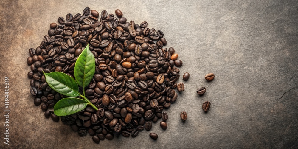Aromatic Coffee Beans with Fresh Green Leaves on Dark Background Aromatic Coffee Beans with Fresh Green Leaves on Dark Background