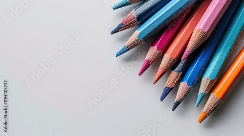 Close-up of colored pencils arranged in a row on a white background. Beautiful simple image,