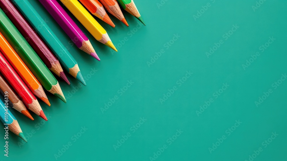 Set of colored pencils on a plain green background with space for text. Set of colored pencils on a plain green background with space for text.