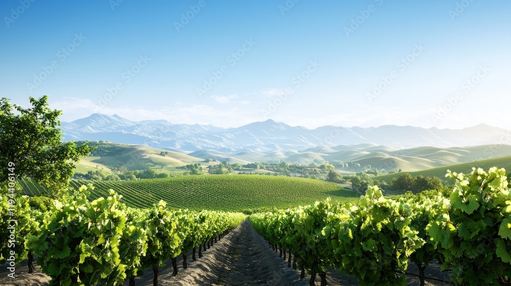 Naklejka premium Lush vineyard landscape with mountains in the background.