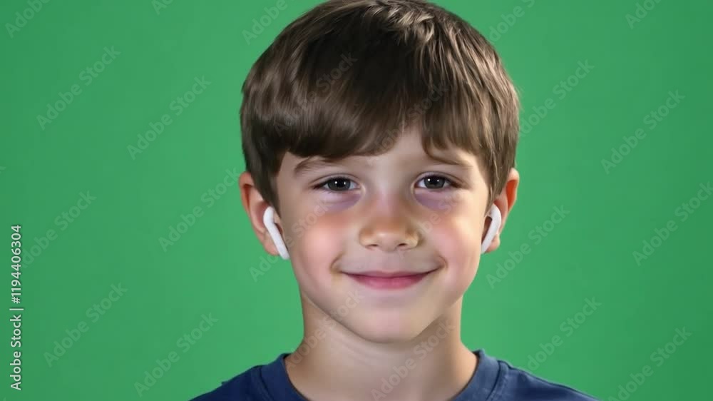 Smiling Boy with Earbuds: A cheerful young boy with brown hair smiles warmly at the camera, wearing wireless earbuds. He's captured against a vibrant green screen, ready for compositing. Smiling Boy with Earbuds: A cheerful young boy with brown hair smiles warmly at the camera, wearing wireless earbuds. He's captured against a vibrant green screen, ready for compositing.